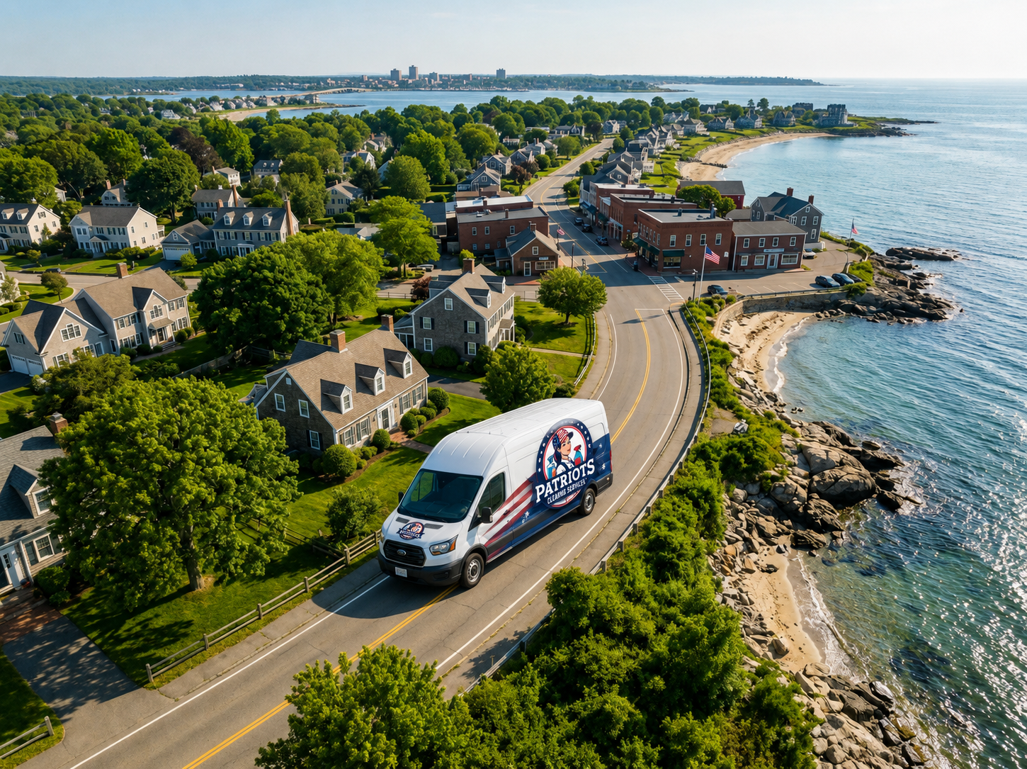 Patriots Cleaning Services branded commercial van driving through a luxury coastal neighborhood in Barrington, RI.