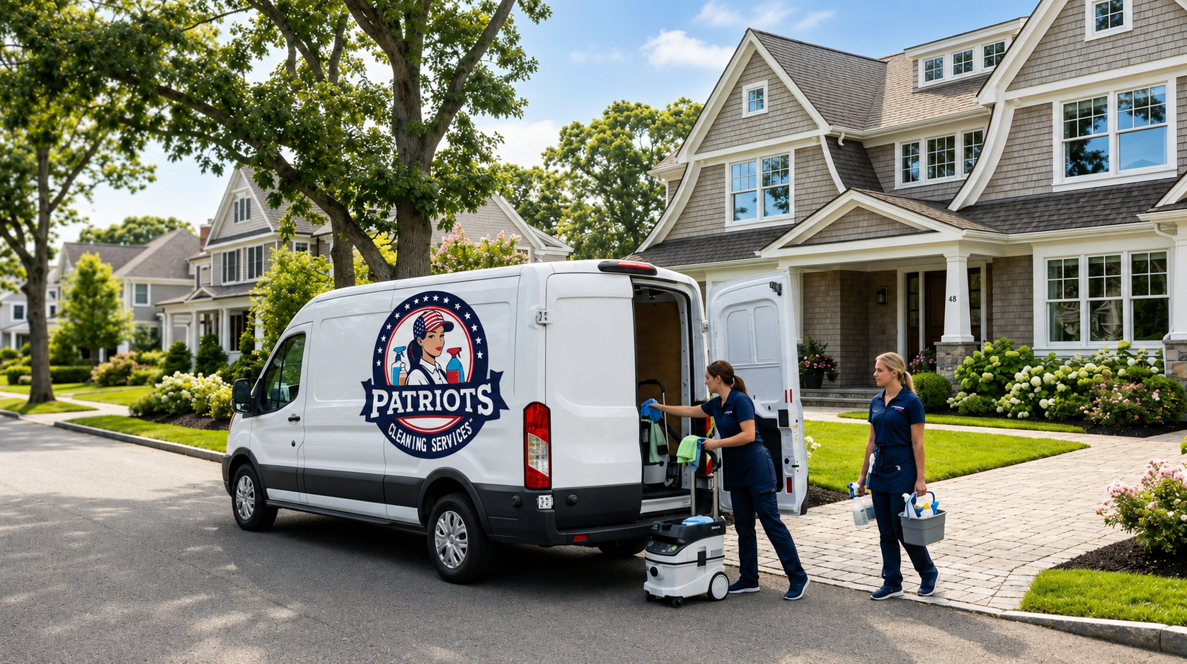 Patriots Cleaning Services team unloading a branded van for a standard house cleaning service in Barrington, RI.