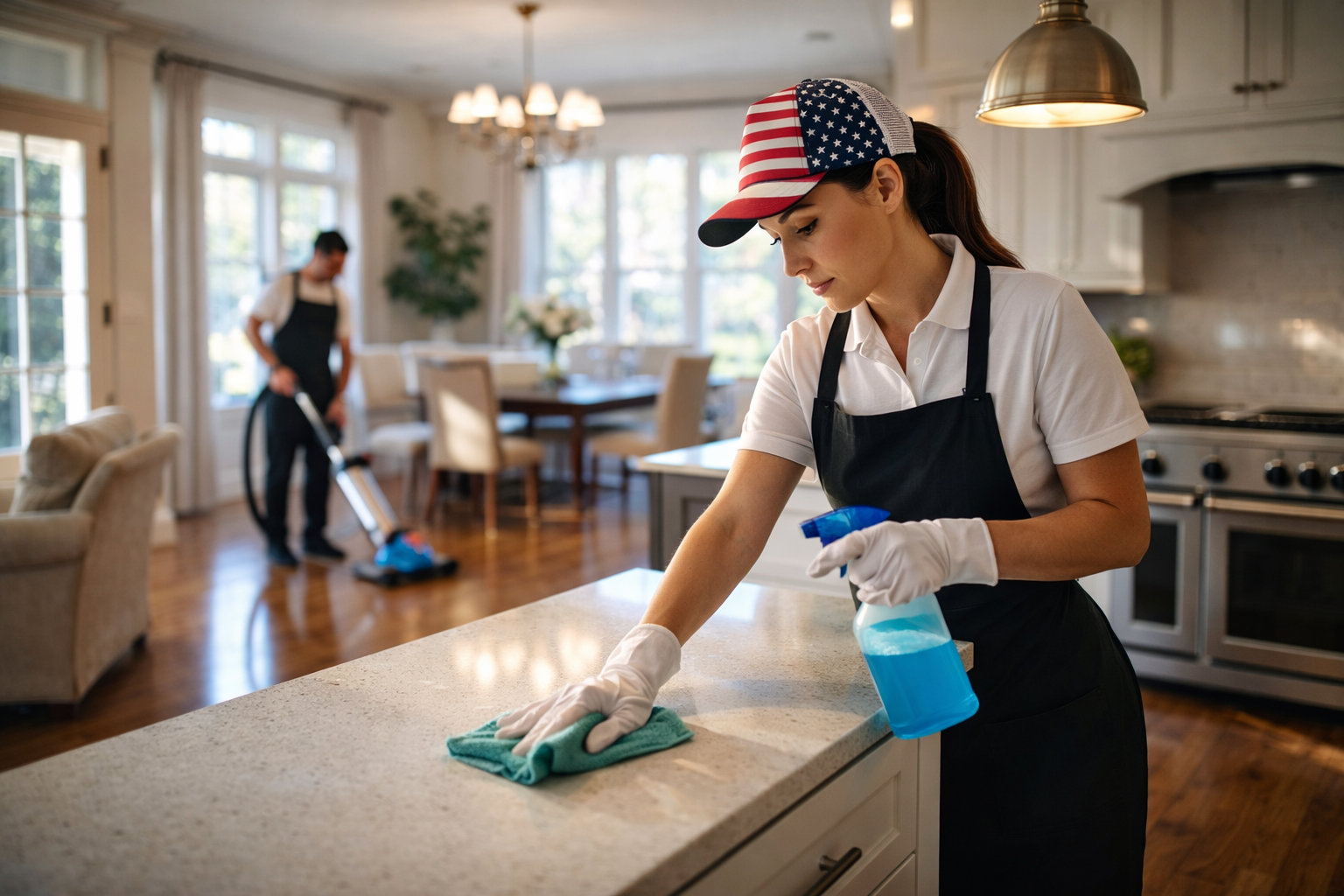 Patriots Cleaning Services staff wiping kitchen island and vacuuming a luxury residential home in East Greenwich, RI.