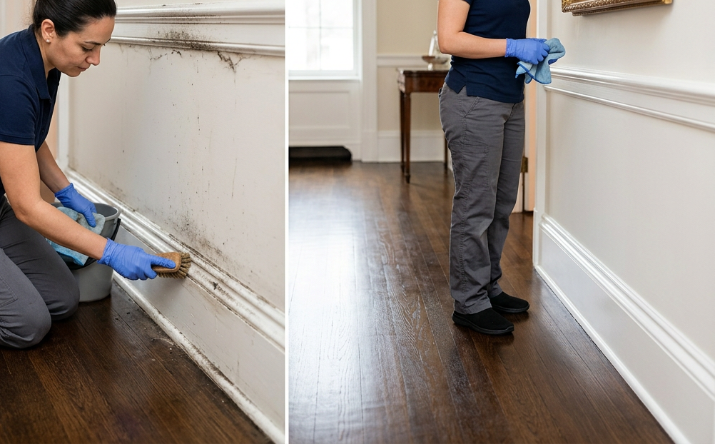Two uniformed cleaners from Patriots Cleaning Services vacuuming and wiping counters in a modern home in Rhode Island.
