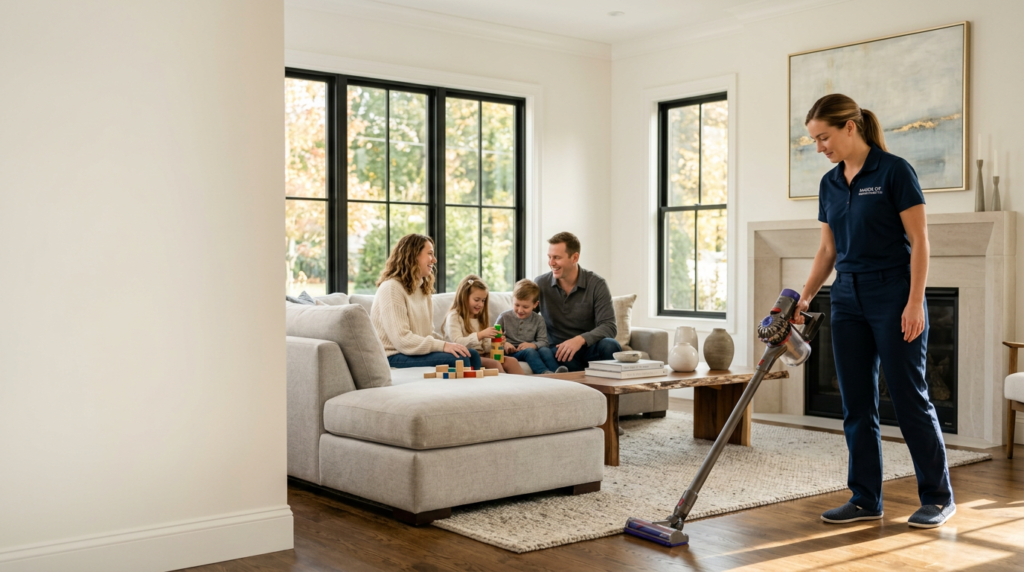Patriots Cleaning Services specialist vacuuming a luxury Barrington, RI living room while a happy family relaxes.