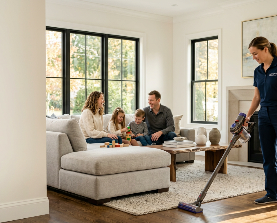 Patriots Cleaning Services specialist vacuuming a luxury Barrington, RI living room while a happy family relaxes.