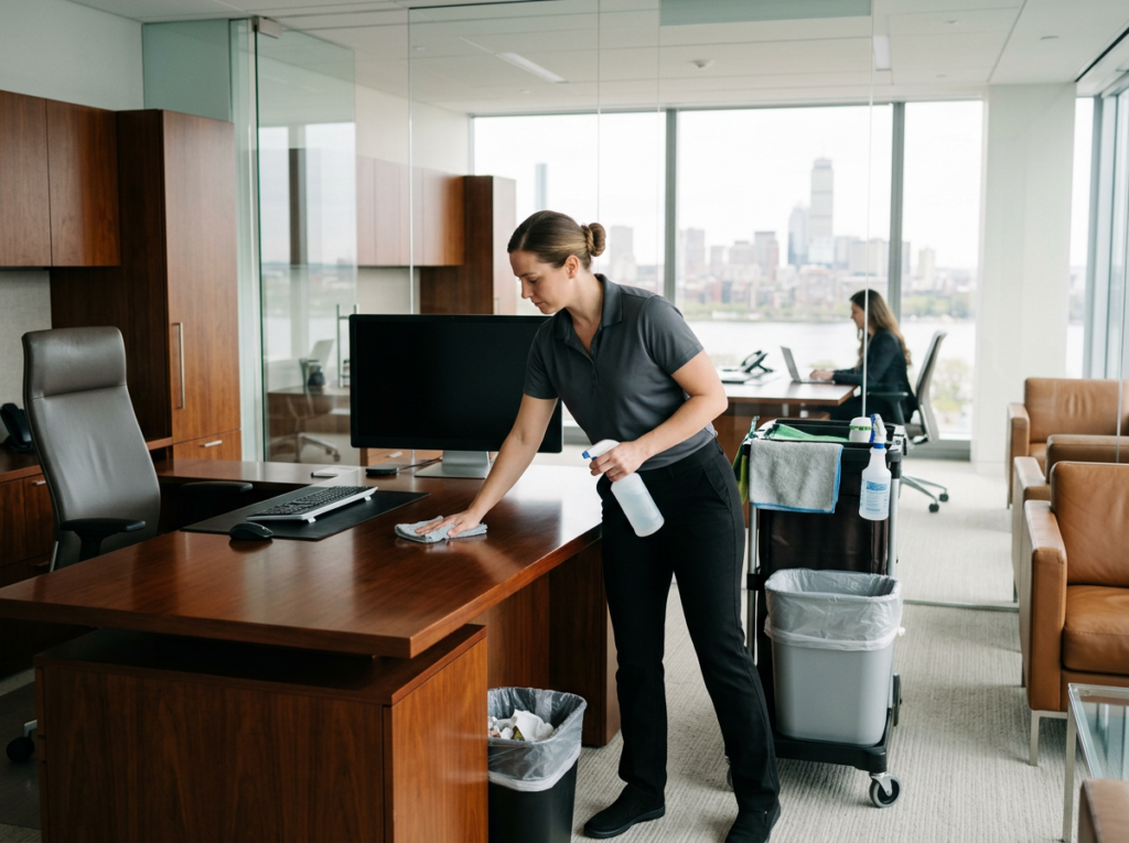 Patriots Cleaning Services custodian provides commercial cleaning for a high-end corporate office in Barrington, RI.