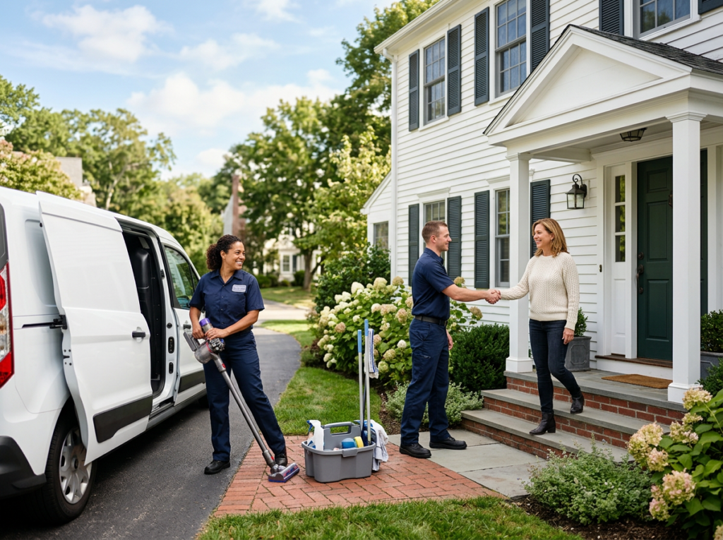 Patriots Cleaning Services team greeting a homeowner for a standard house cleaning service in Barrington, RI.