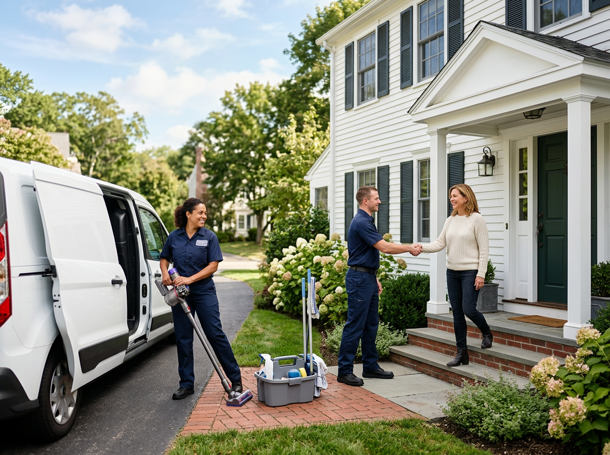 Patriots Cleaning Services team greeting a homeowner for a standard house cleaning service in Barrington, RI.