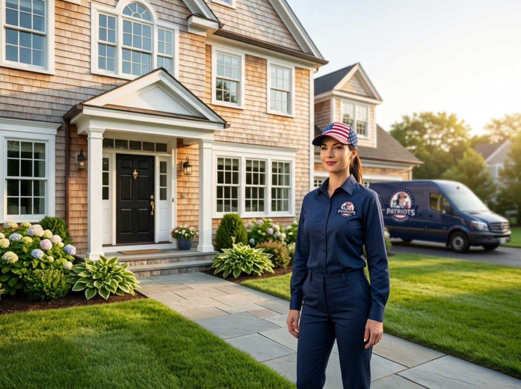 Patriots Cleaning Services uniform staff standing in front of a luxury home for standard house cleaning in Barrington, RI.