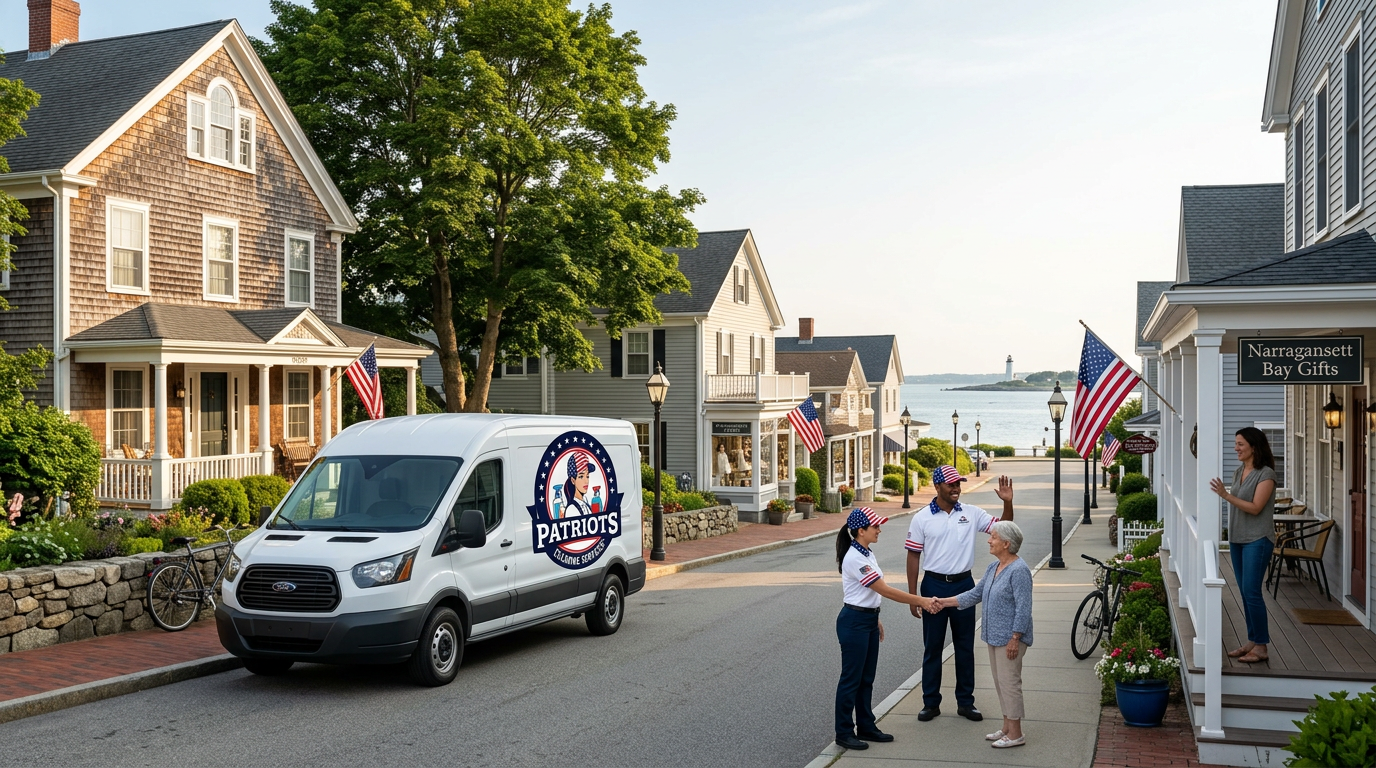 Patriots Cleaning Services staff greeting a local resident next to a branded company van in Jamestown, RI.