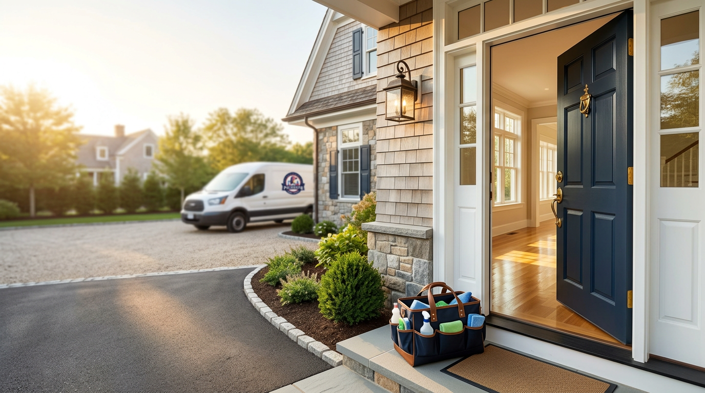 Patriots Cleaning Services tote on a front porch for a standard house cleaning service in Jamestown, RI.