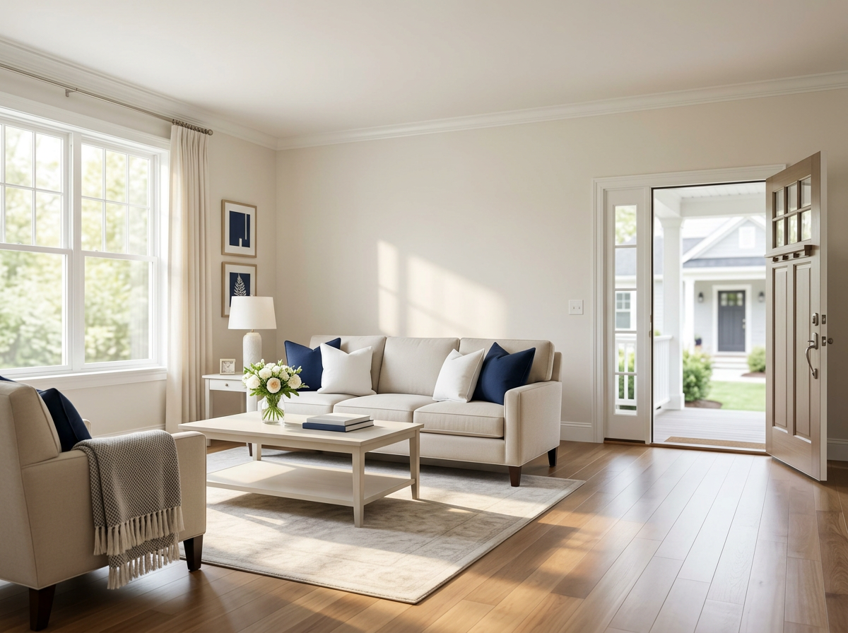 An immaculate, sunlit luxury living room cleaned by Patriots Cleaning Services in a premium Seekonk, MA home.