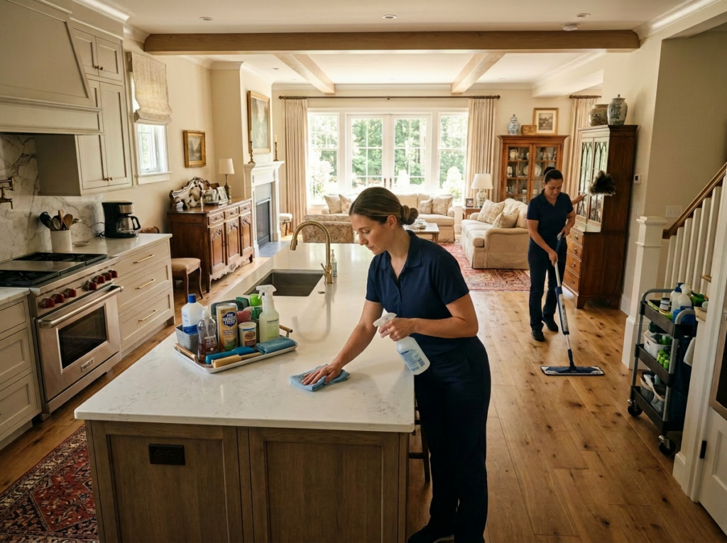 Patriots Cleaning Services team providing premium standard house cleaning for a luxury home in Rehoboth, MA.