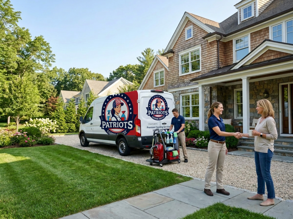 Patriots Cleaning Services team greeting a homeowner next to a branded van for a standard house cleaning in Barrington, RI.