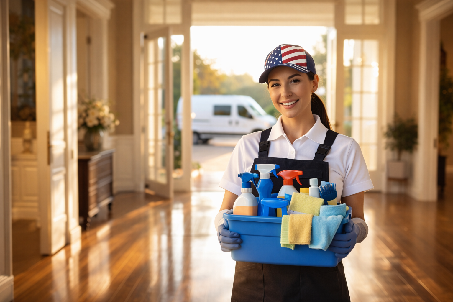 Patriots Cleaning Services staff holding a supply tote inside a luxury residential foyer in East Greenwich, RI.