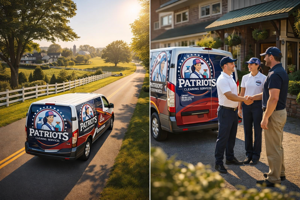 Patriots Cleaning Services staff greeting a residential client next to a branded company van in Rehoboth, MA.
