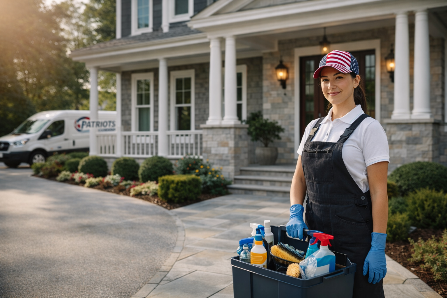 Patriots Cleaning Services staff with a supply tote outside a luxury residential estate in Rehoboth, MA.
