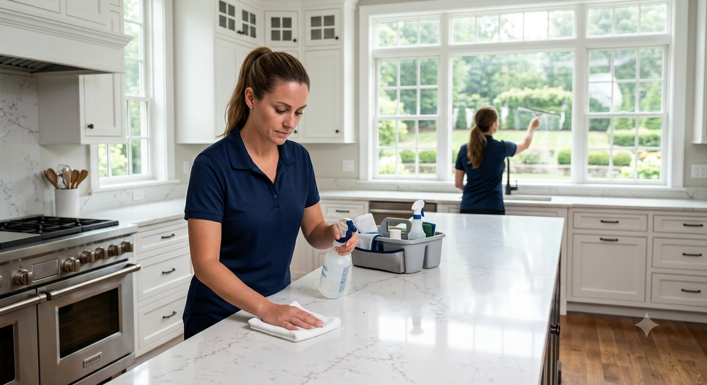 Patriots Cleaning Services staff sanitizing a marble island and washing windows in an East Greenwich, RI kitchen.