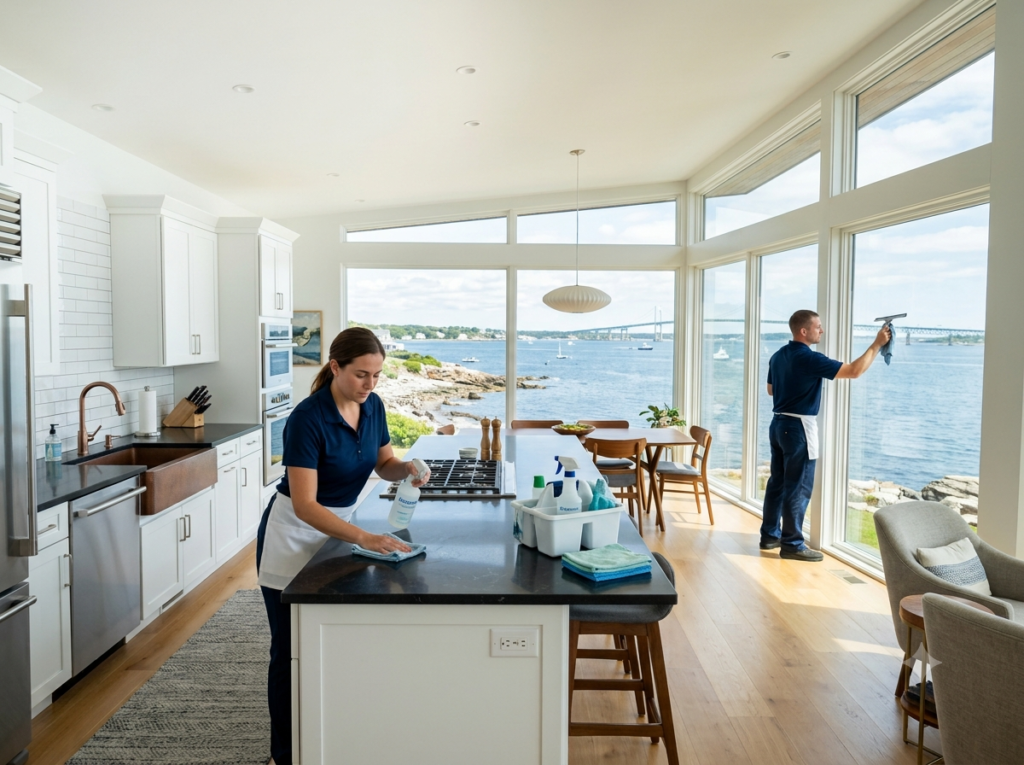 Patriots Cleaning Services crew providing premium standard home cleaning for a coastal estate in Jamestown, RI.