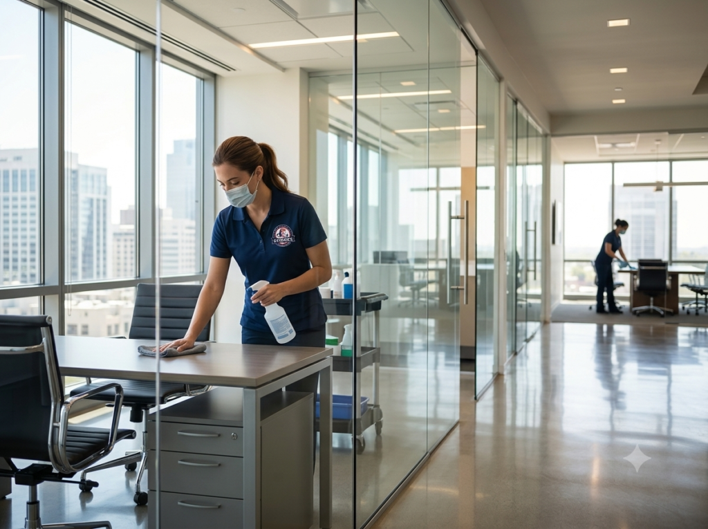 Patriots Cleaning Services staff sanitizing a modern corporate desk and office space in East Greenwich, RI.