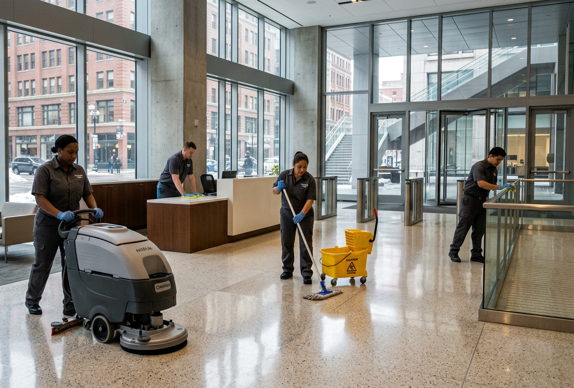 Professional commercial cleaning team with floor scrubber maintaining modern office building lobby in downtown Massachusetts.