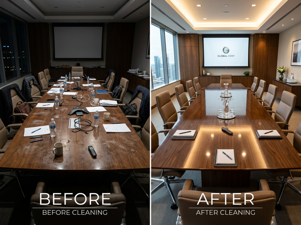 Before and after conference room cleaning showing polished wood table and organized space by Patriots Cleaning Services.