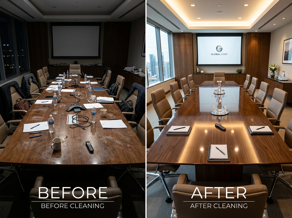 Before and after conference room cleaning showing polished wood table and organized space by Patriots Cleaning Services.