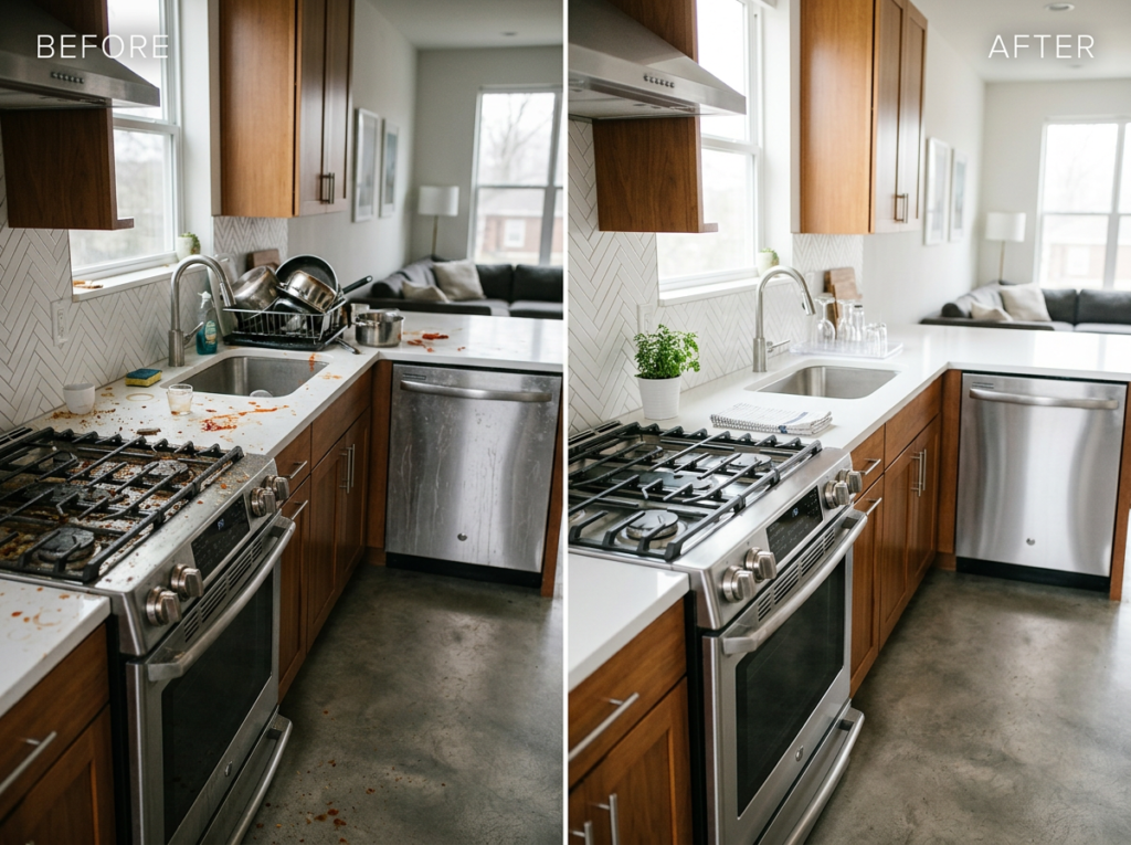 Before and after kitchen deep cleaning transformation showing pristine white quartz counters and stainless steel appliances by Patriots Cleaning.