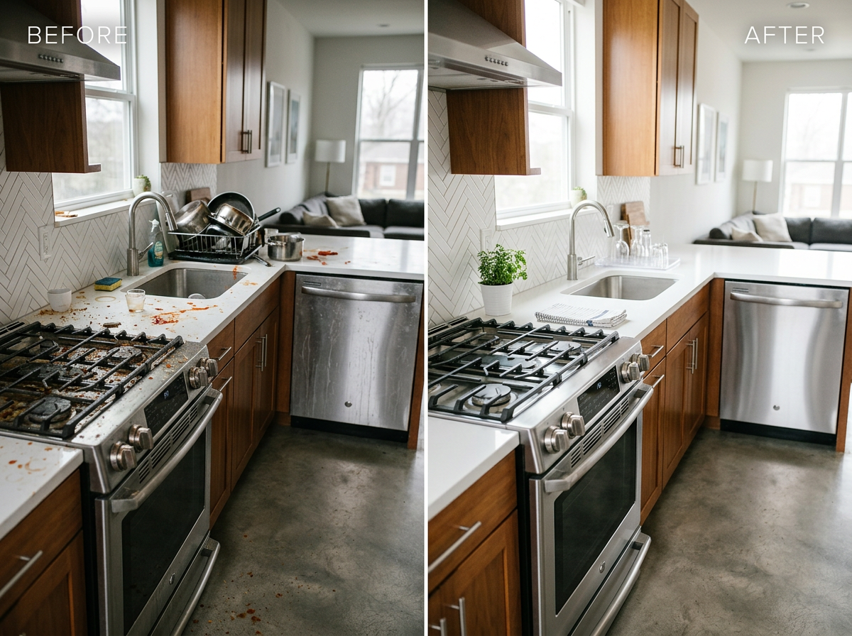 Before and after kitchen deep cleaning transformation showing pristine white quartz counters and stainless steel appliances by Patriots Cleaning.
