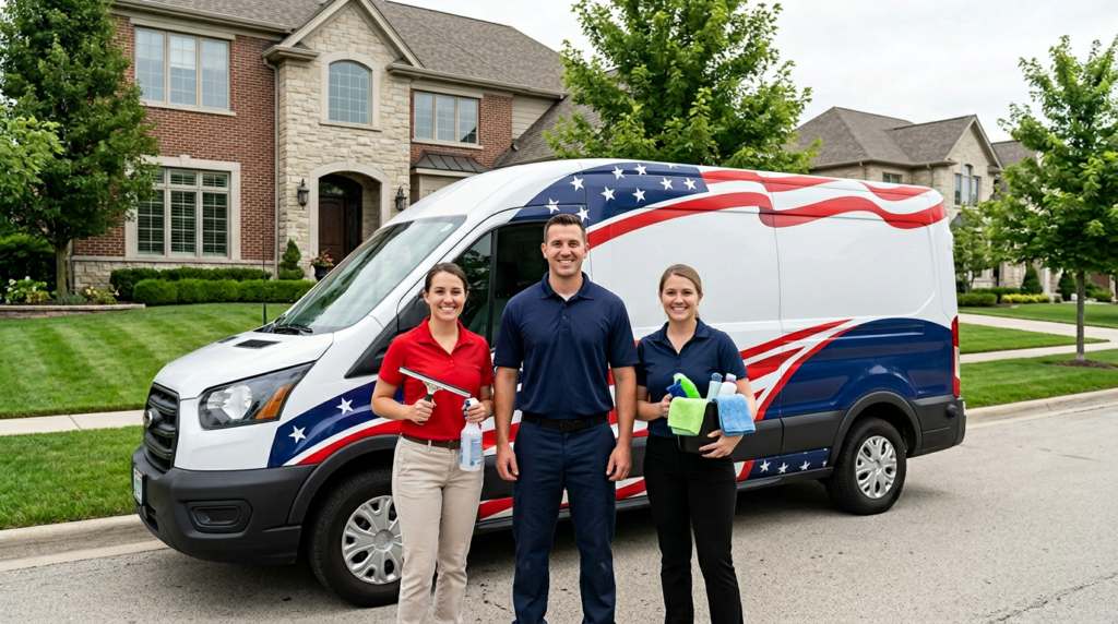 Professional cleaning team in branded uniforms standing in front of patriotic service van in residential neighborhood Massachusetts.