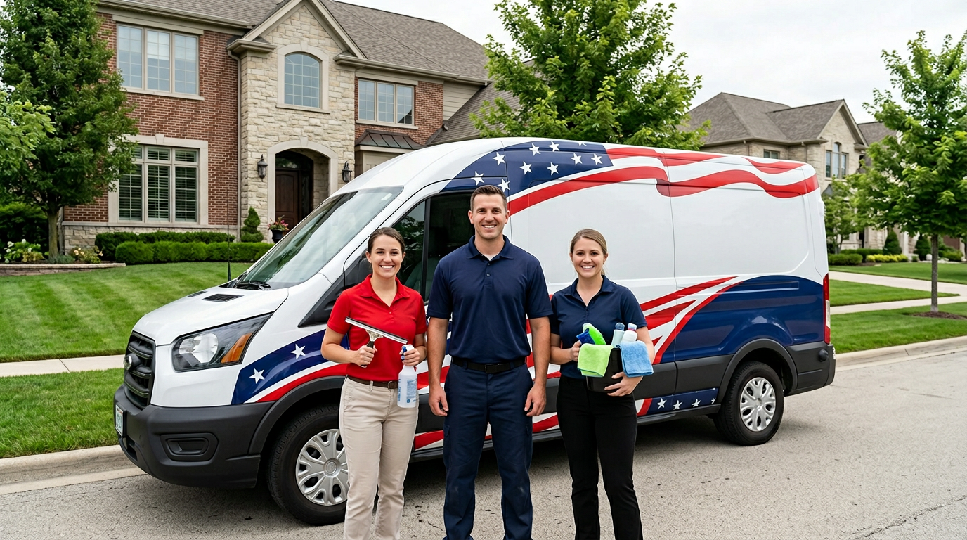 Professional cleaning team in branded uniforms standing in front of patriotic service van in residential neighborhood Massachusetts.
