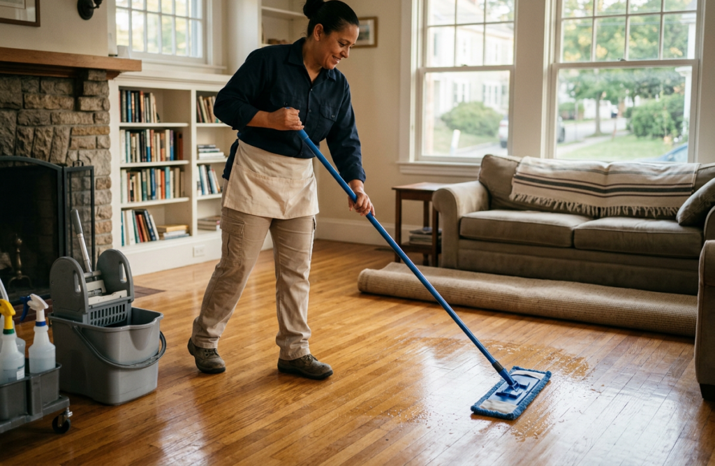 Professional female cleaner mopping hardwood floors in bright residential living room by Patriots Cleaning Services Rhode Island.