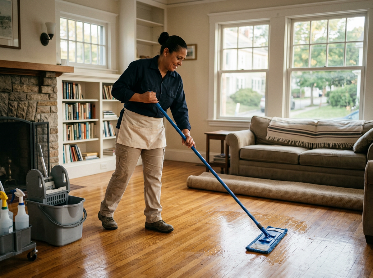 Professional female cleaner mopping hardwood floors in bright residential living room by Patriots Cleaning Services Rhode Island.