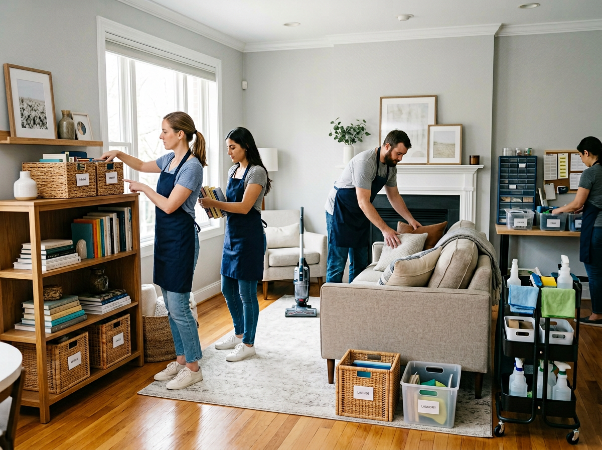 Professional cleaning team organizing and decluttering residential living room with storage solutions and unified service approach Massachusetts.