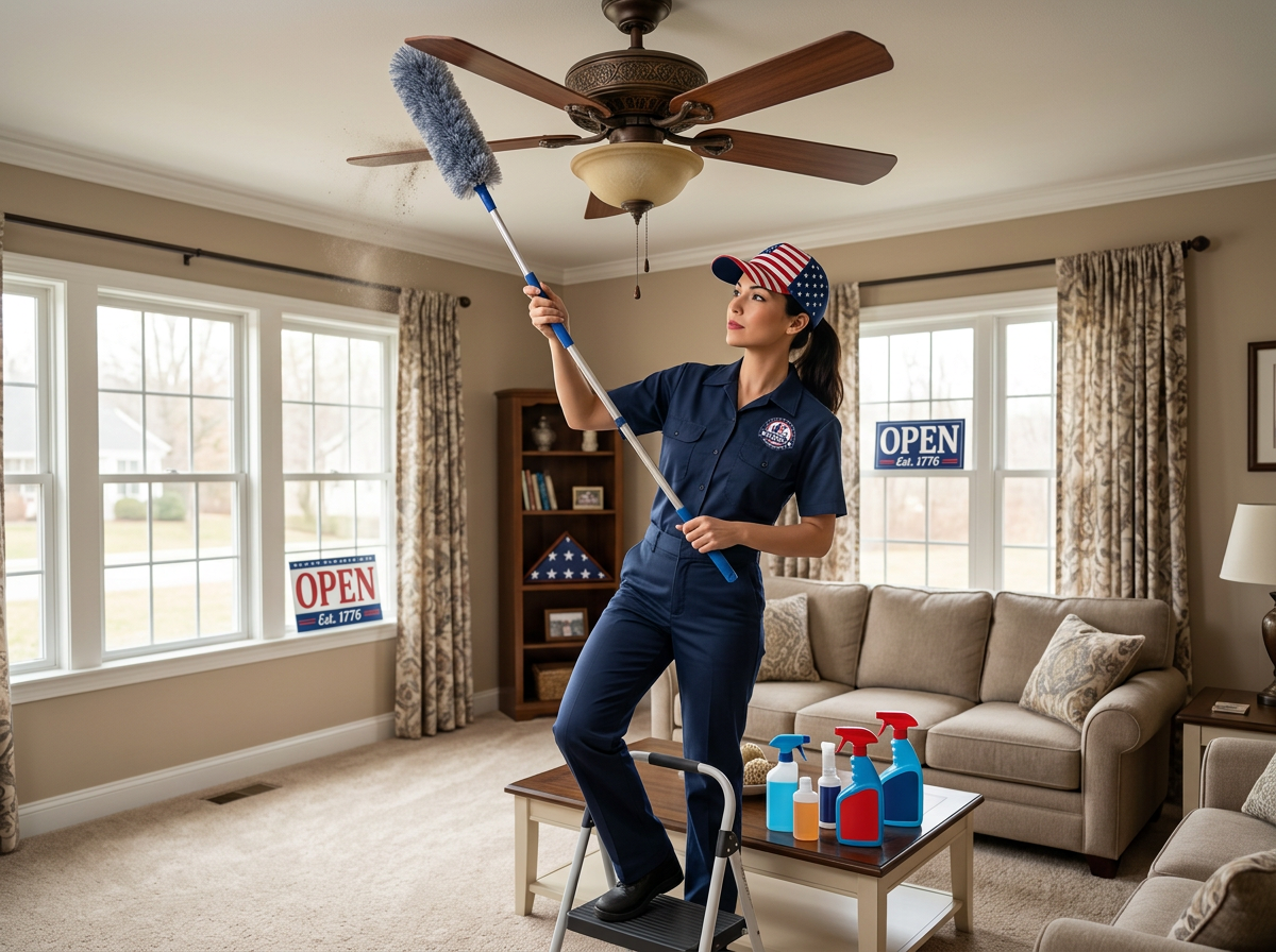 Firefly_Gemini Flash_dusting ceiling fans, professional cleaner, uniform blue, house American 109059