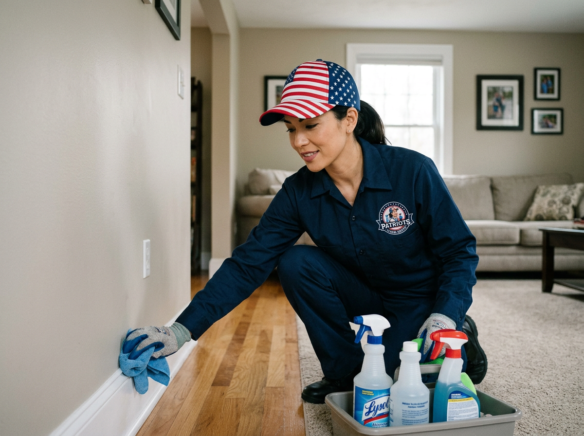 Firefly_Gemini Flash_professional cleaning woman, hand-wiping all baseboards, house American, uniform blue 873885