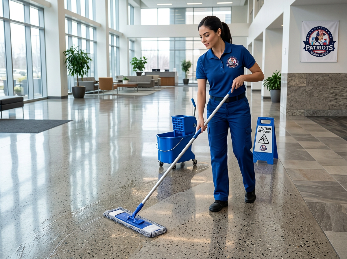 Firefly_Gemini Flash_professional cleaning woman, mopping of all hard surface floors, uniform blue 873885