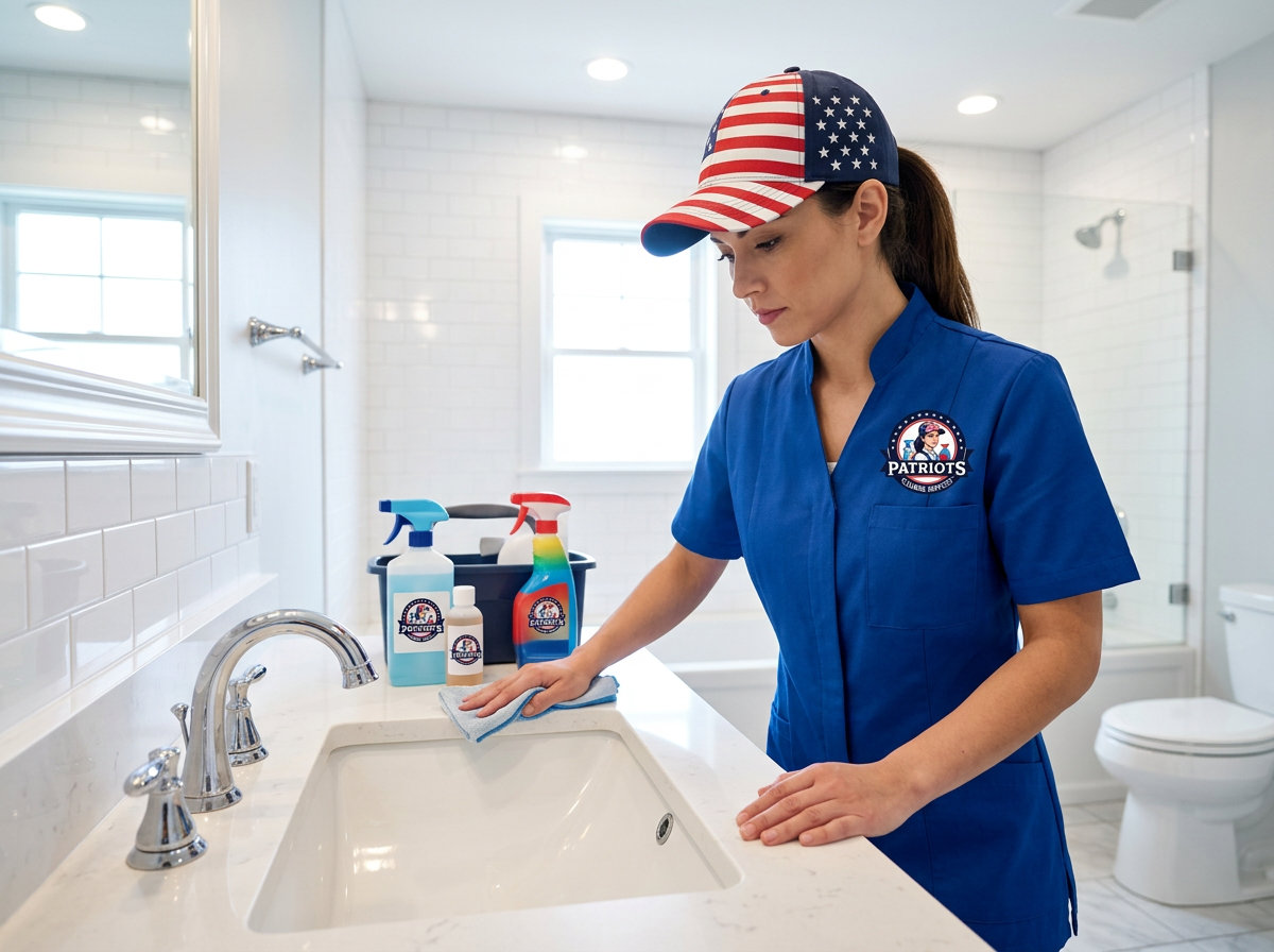 Firefly_Gemini Flash_professional cleaning woman, sanitization bathroom, house American, uniform blue 873885