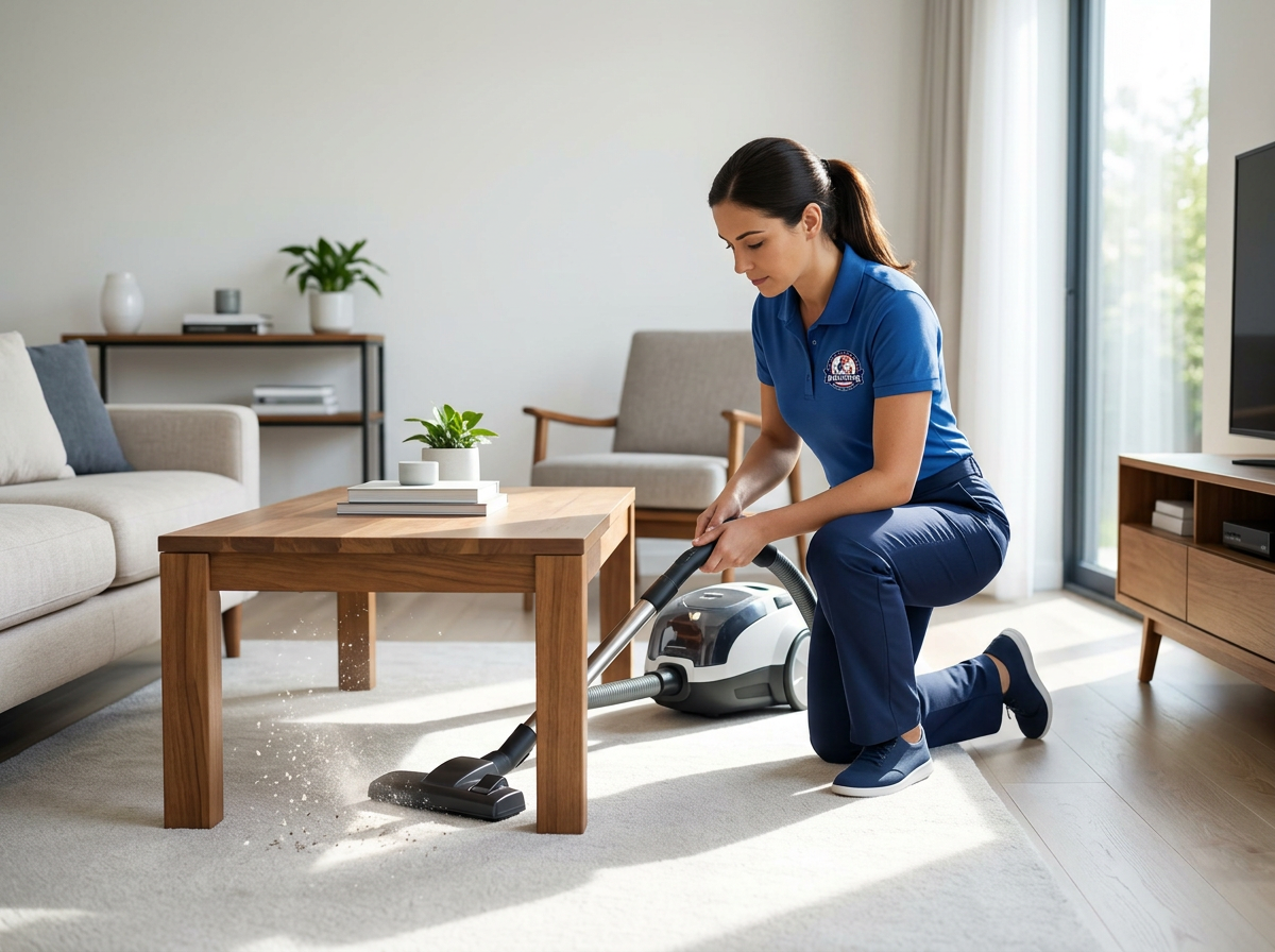 Firefly_Gemini Flash_professional cleaning woman, vacuuming under accessible furniture, house American, u 873885