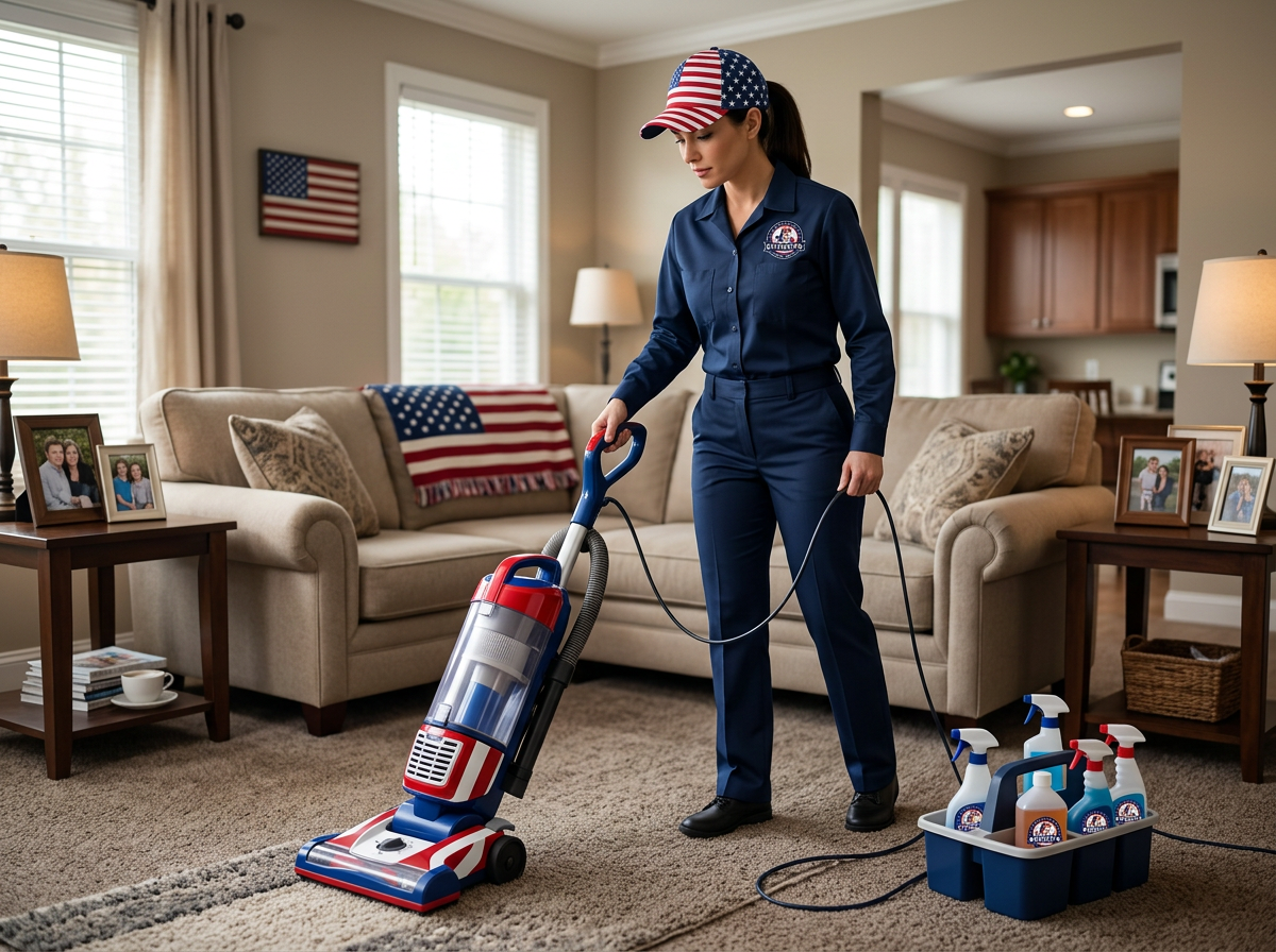 Firefly_Gemini Flash_vacuuming room, professional cleaner, uniform blue, house American 109059