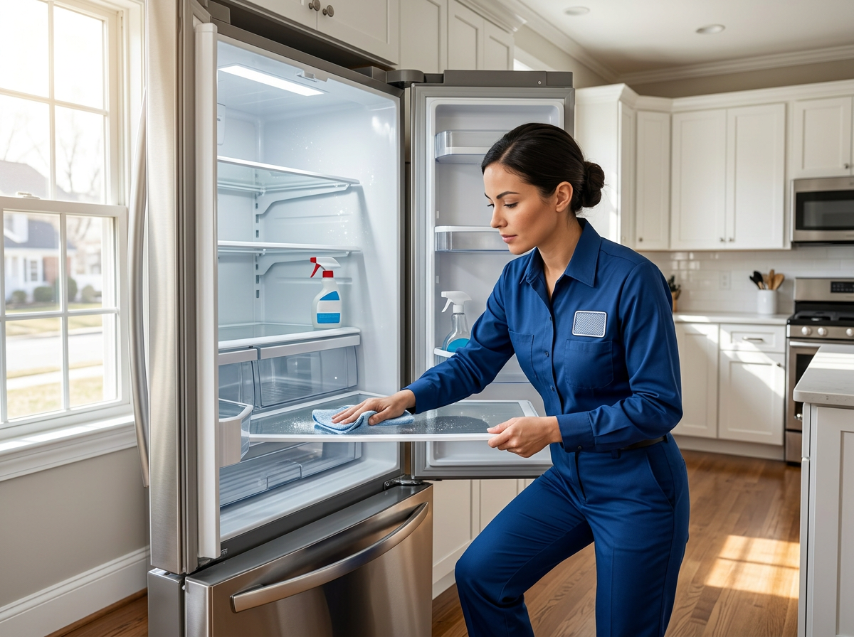 Firefly_professional cleaner woman, cleaning kitchen refrigerator, house American, uniform b 873885