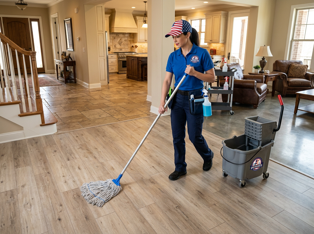 Firefly_professional cleaning woman, mopping of all hard surface floors, house American, unif 873885